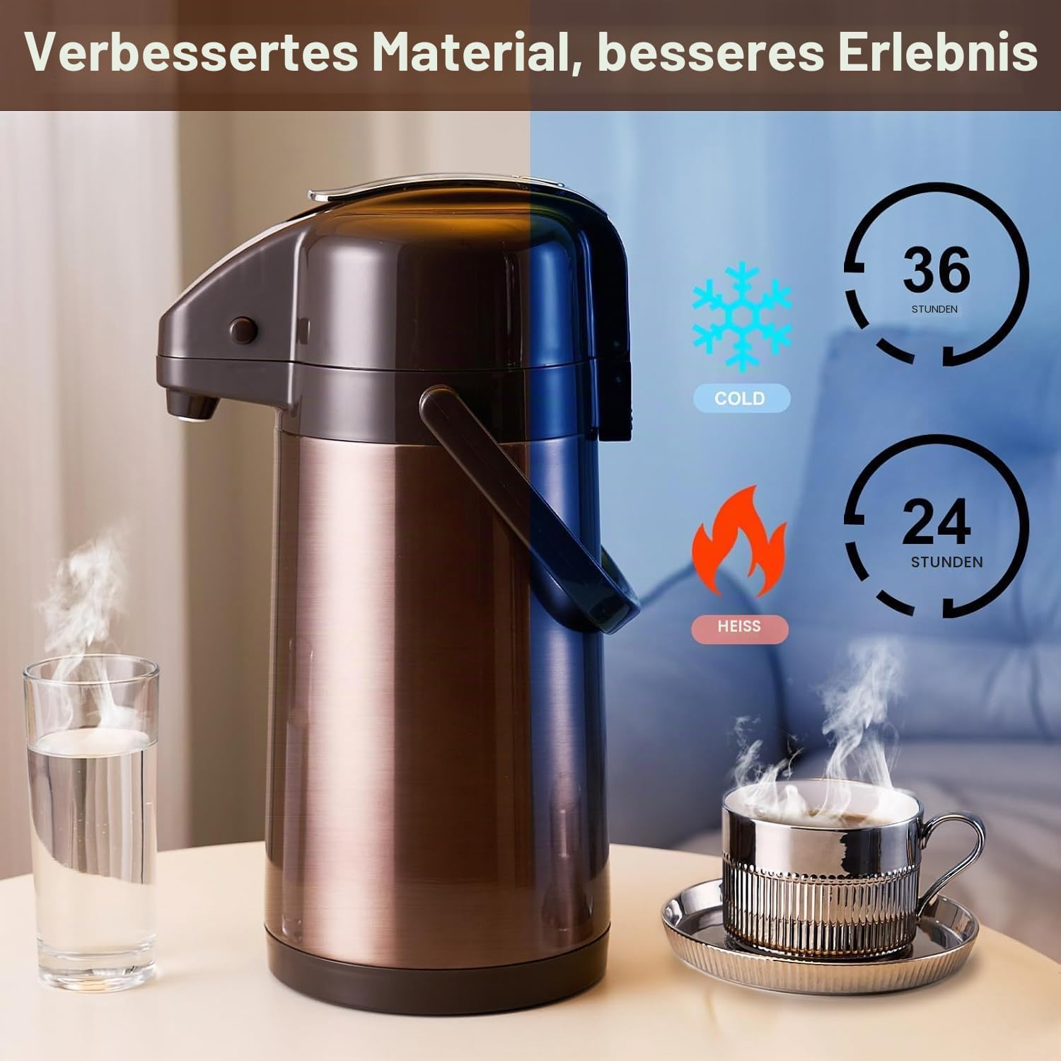 ParaCity Verbesserte Airpot-Kaffeekaraffe 2,5 l mit Doppelpumpe, 316 Edelstahl Isoliert, Drehbarer Lazy Susan Boden, Für Heiße und Kalte Getränke