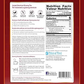 Prince of Peace Instant American Ginseng Tea, 30 Sachets Healthy Drink, Caffeine-Free Energy-Boosting, Heavy Antioxidants, Made in the USA, Plant Extracts
