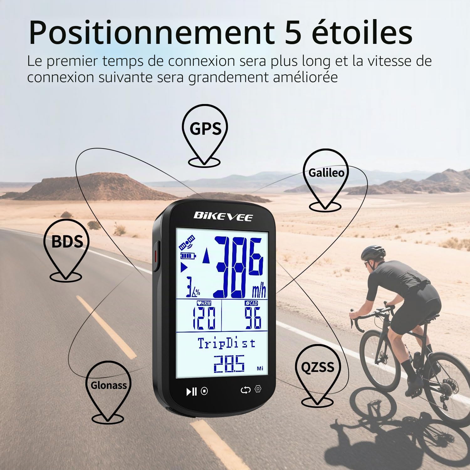 Ordinateur de vélo GPS sans fil ANT+ Bluetooth 2,6" Écran en verre Batterie 50H