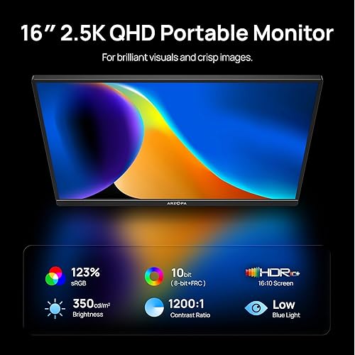Miniatura 2 de ARZOPA – Monitor portátil 16 pulgadas 2.5K 2560 x 1600 QHD IPS, 123% sRGB, soporte integrado USB-C y HDMI, cuidado visual, segunda pantalla
