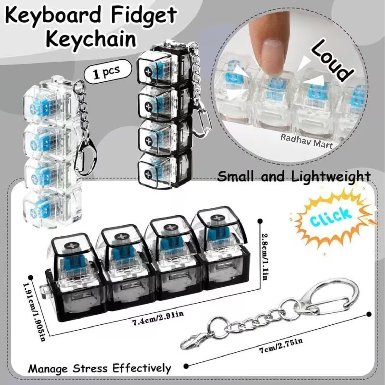 Radhav Mart 4-in-1 Keyboard Fidget Toy with LED Light | Mini Mechanical Clicker Keychain for Stress Relief, ASMR Tactile Switch Desk Toy for Office, Study & Anxiety Focus (Multicolor, Pack of 1) 1