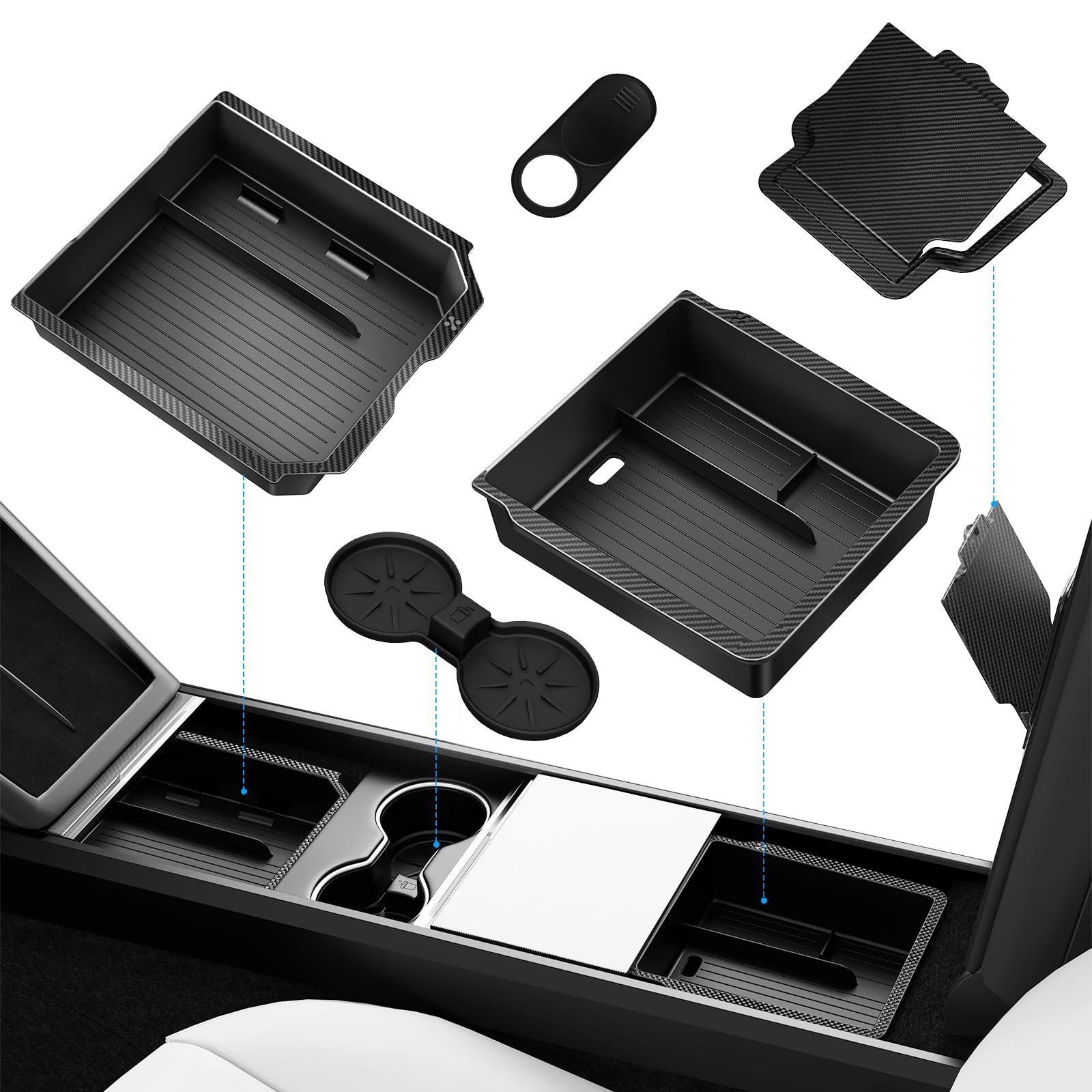 Center Console Organizer Tray for Tesla Model 3 Accessories 2024 2025 2026, Cup Holder, Hidden Storage Box & Armrest Drawer Organizer for Tesla Model 3 Highland