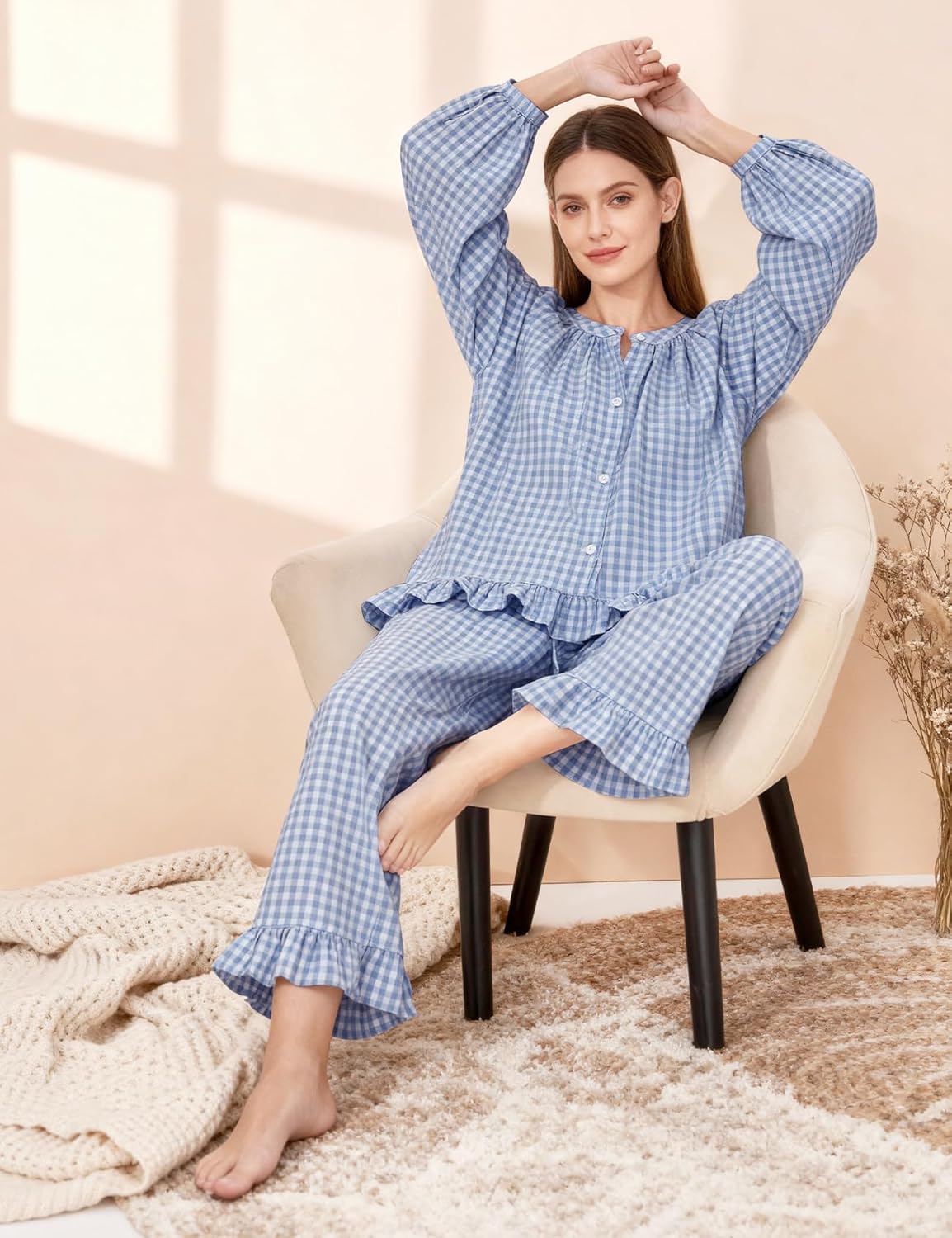 PEHMEA Women's Gingham Cotton Pajama Set Cute 2 Piece Plaid Ruffle PJs with Long Pants Button Down Top for Lounge Sleepwear - Image 3