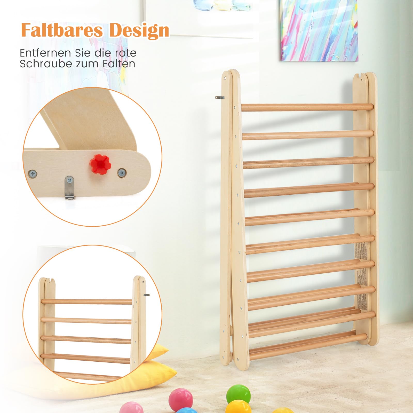 DREAMADE Kletterdreieck mit Rampe, klappbar Kletterspielzeug Holzdreieck aus Massivholz, Indoor Klettergerüst für Kinder ab 3 Jahren (Natur)
