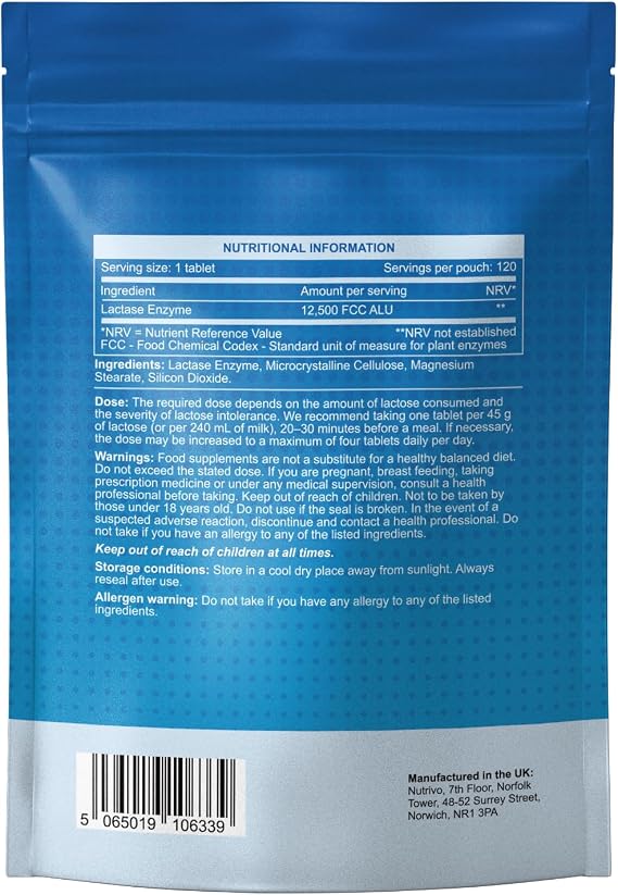 Nutrivo Lactase Tablets | High Strength Lactose Intolerance Tablets 12,500 FCC | 1-4 Month Supply | Lactase Enzyme | Support Dairy and Lactose Digestion