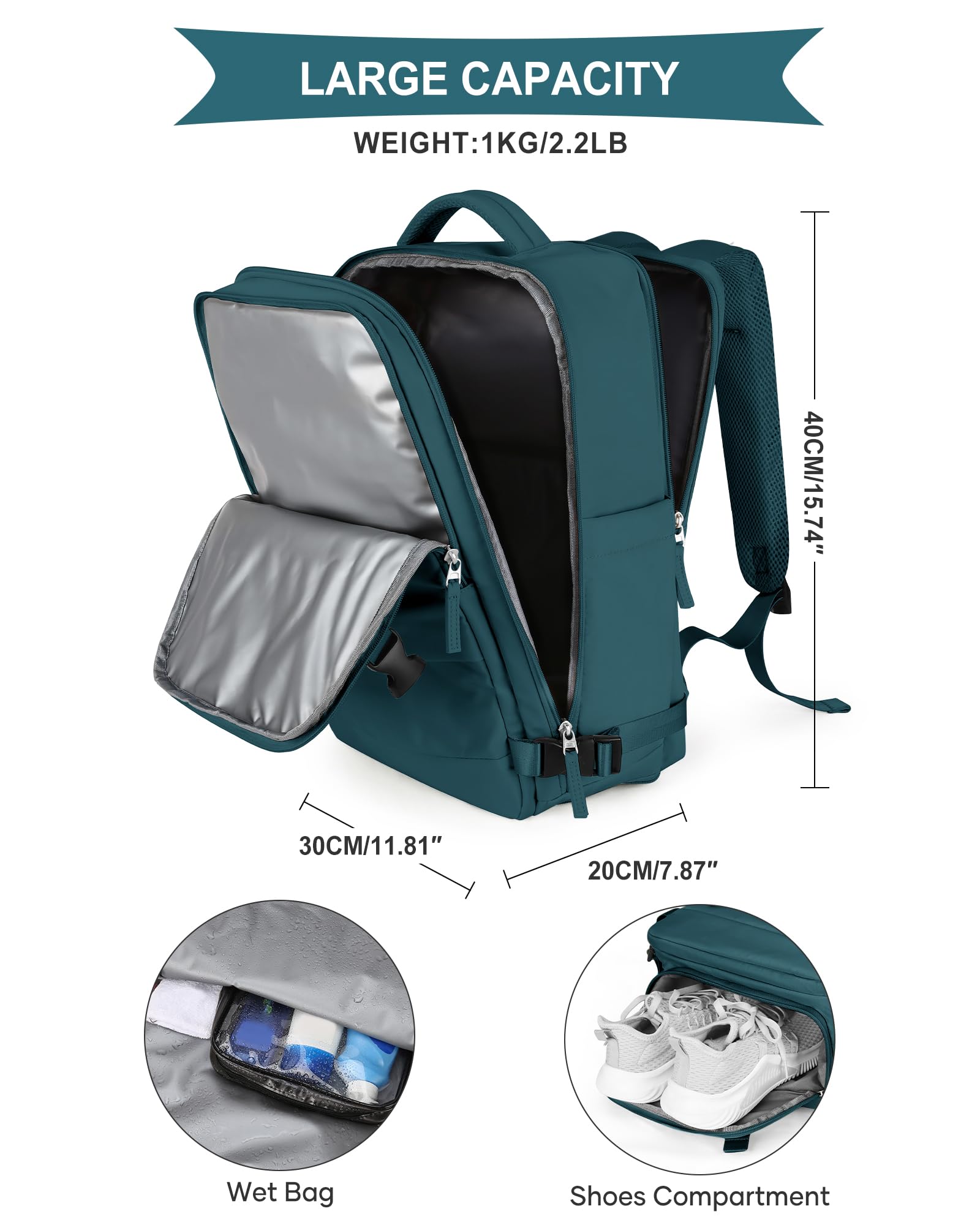 SZLX Zaino Ryanair 40x30x20 Sottovuoto Zaino da Viaggio 40x30x20 Wizzair Donna da escursionismo sportivo impermeabile Zaino Casual Laptop da 14 Pollici con porta di ricarica USB Scomparto per Scarpe