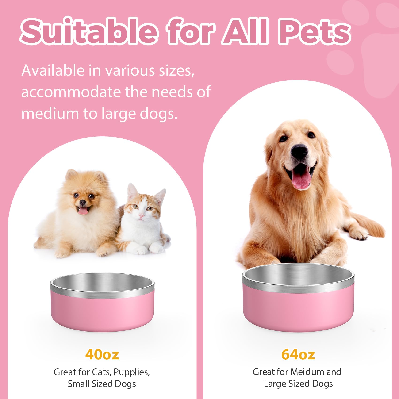 LIANLAI Ciotole per cani di grandi dimensioni, in acciaio inossidabile, resistenti alla ruggine, antiscivolo, lavabili in lavastoviglie (rosa, 1814,4 g)