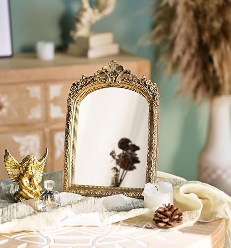 Miniatura 4 de Espejo de pared decorativo antiguo dorado pequeño para escritorio, espejo de mesa de arco tallado de resina con soporte para sala de estar,