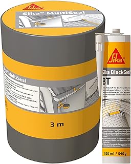 Sika - Dichtungsband + butylbasierender Dichtstof MultiSeal, selbstklebendes Dichtungsband, 3m x100mm, grau BlackSeal BT, Dicht-/Klebstoff für Dächer und Dachrinnen, 300 ml, schwarz