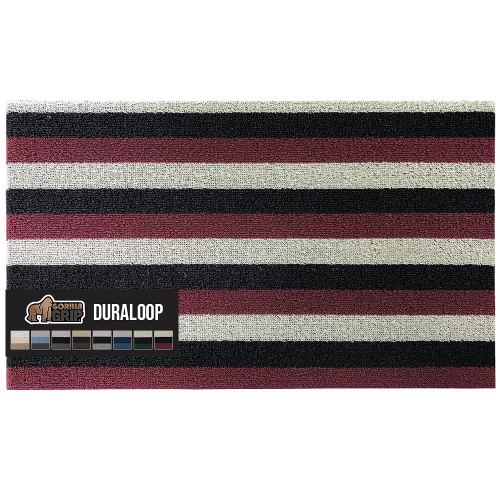 Gorilla Grip Heavy Duty Striped Doormat, Thick Bristles, Crush Proof Texture, Catches Dirt from Shoes, Strong Backing, Easy to Clean, Indoor and Outdoor Entrance Mats, 24x16, Burdy Black Cream