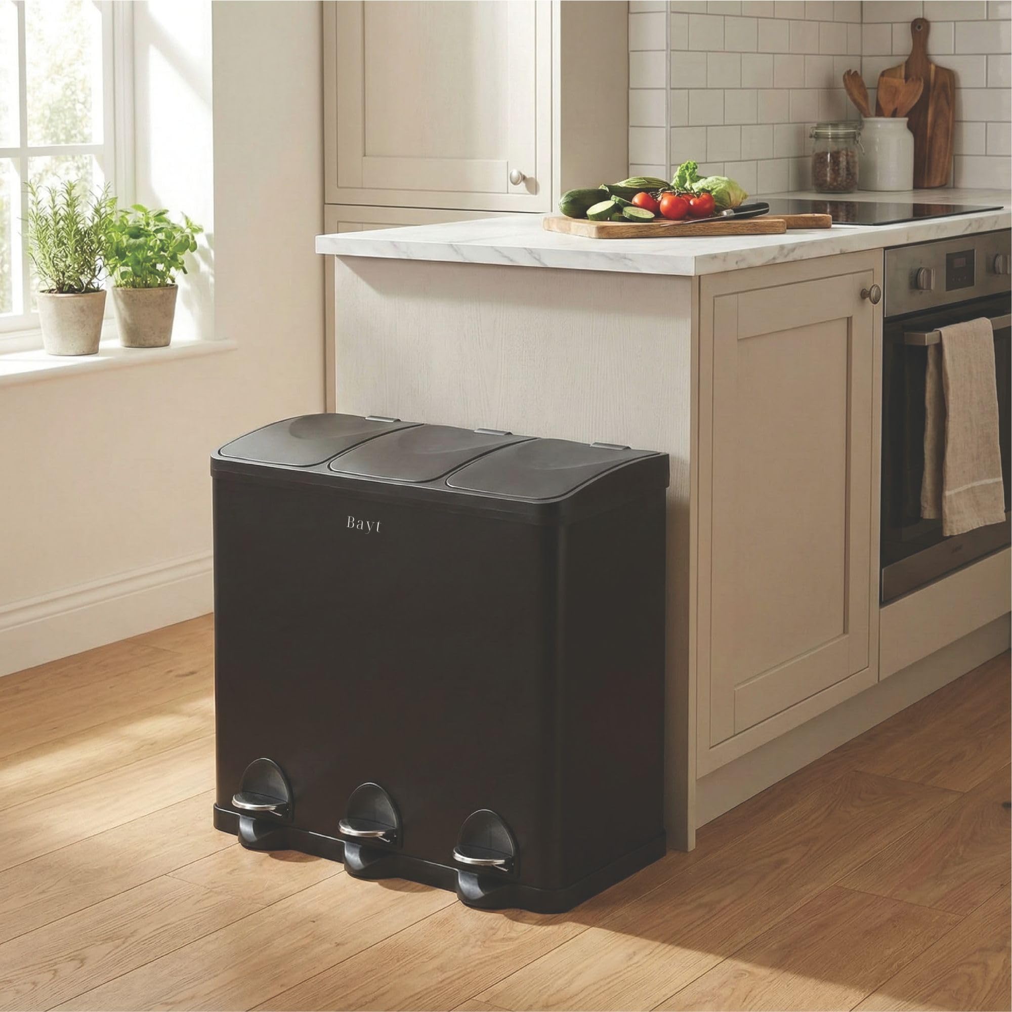 Bayt Cubo de Basura 60L (3 x 20L), Contenedor de Reciclaje para Cocina con 3 Compartimentos, Acero Inoxidable Negro, Pedales, Cubos Interiores, Negro