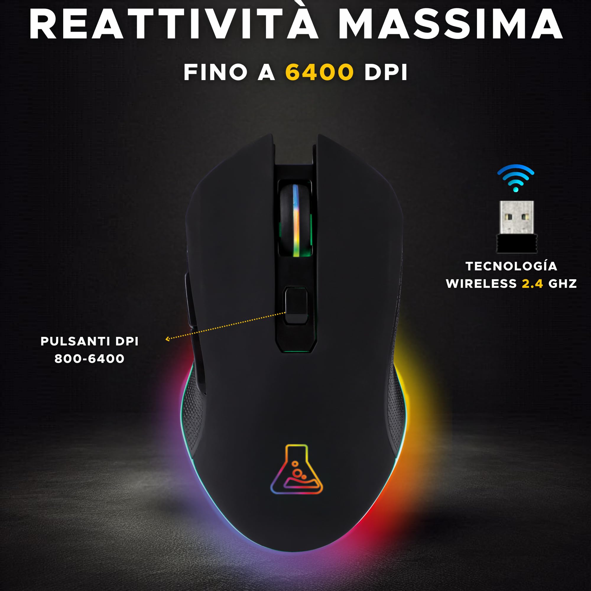 THE G-LAB - Kult Helium Wireless, Mouse da gioco senza fili, mouse da gioco ricaricabile senza fili a 3200 Dpi, mouse da gioco retroilluminato a 7 colori, mouse da gioco RGB senza fili PC/Ps5/Xbox