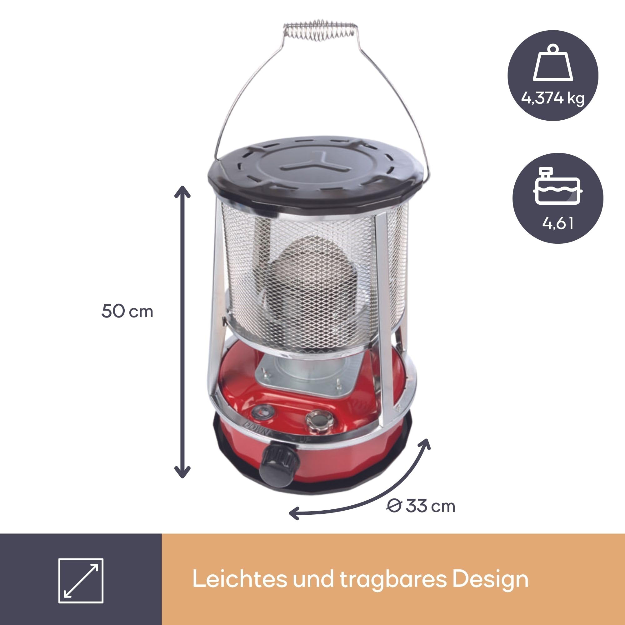 Perel Mobiles Petroleumheizgerät 2600W, tragbarer Kerosinofen für außen und Camping, Docht-Heizung, 4,6L Tank, 18 Stunden Laufzeit, stromlose Notheizung, energiesparende Outdoor-Heizung