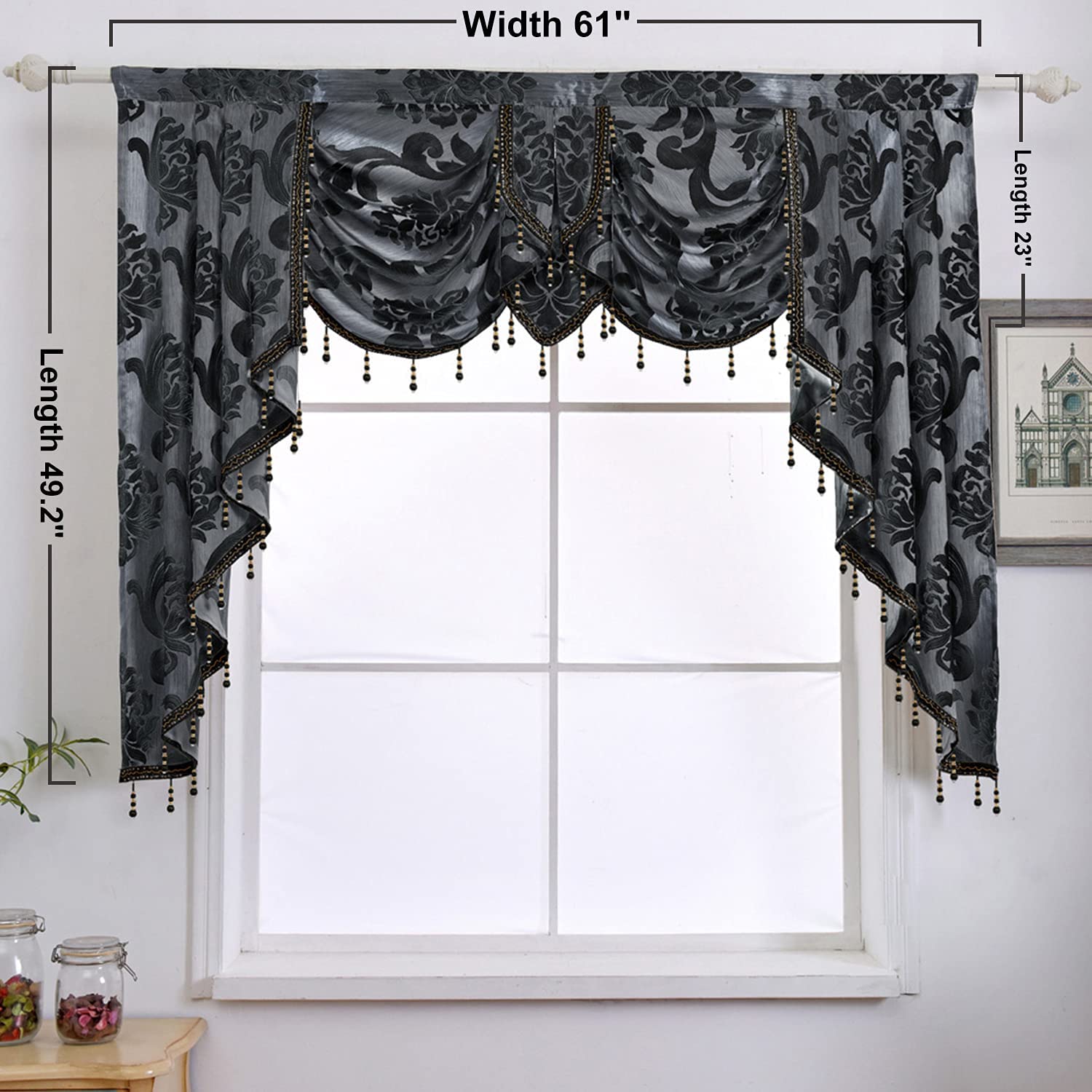 Cantonnière Cascade Noire Luxueuse à Perles – Jacquard Floral Élégant – 279 Cm Large – 1 Panneau