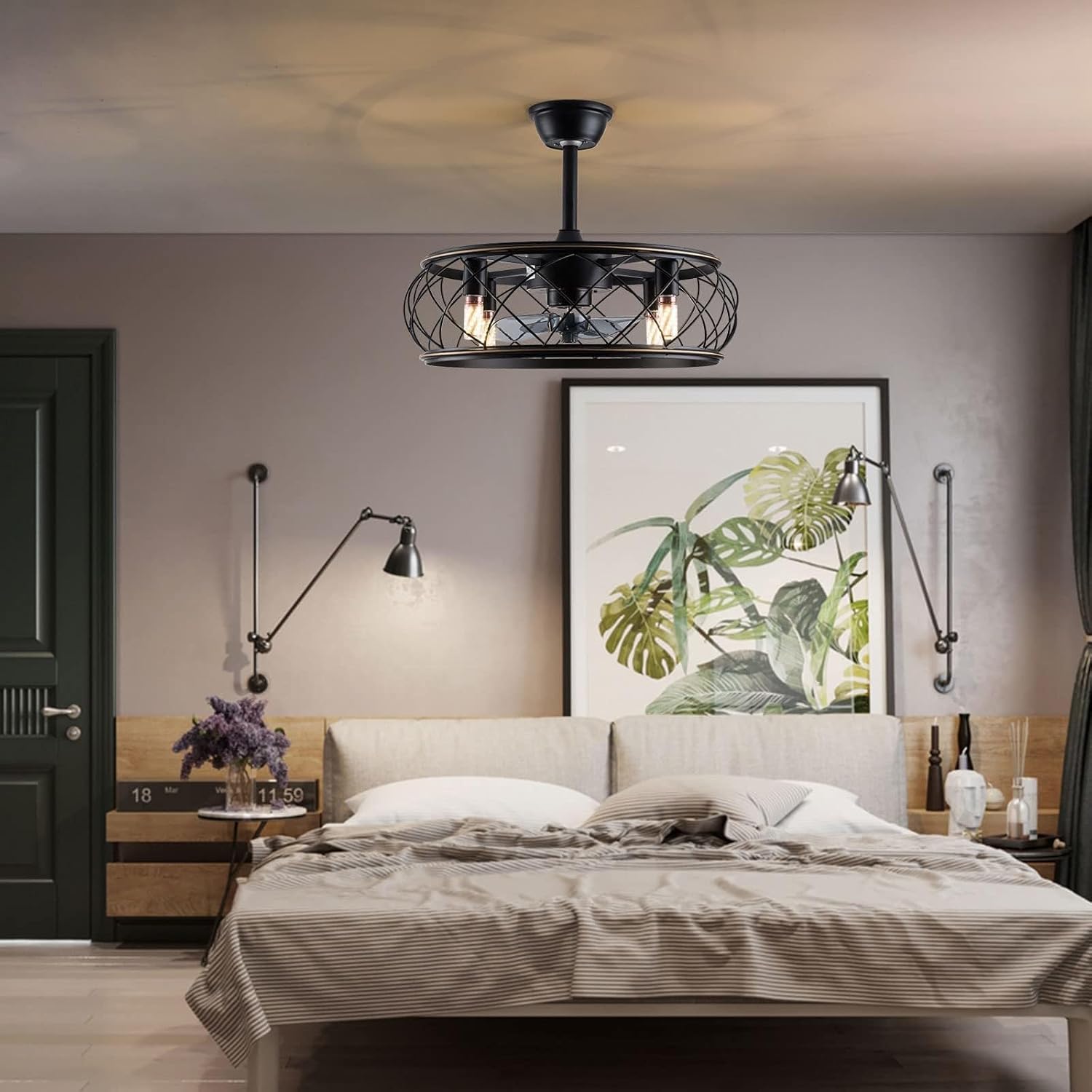 18 Inch Modern Ceiling Fan with Light,Indoor Industrial Metal Caged Drum Chandelier Fan with Remote Control