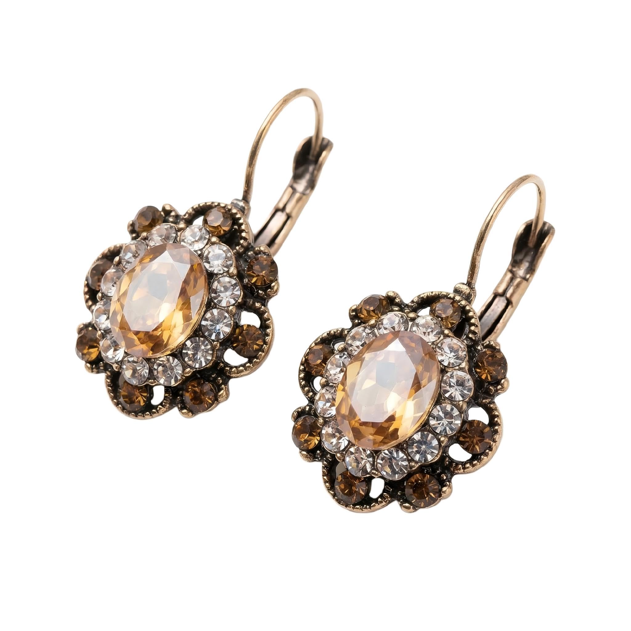 Vintage Earrings for Women Antique Style Handmade Gold Crystal Earring Sparkly Round Flower Leverback Dangle Earrings Beautiful Jewelry Rhinestone Bohemian Dangler