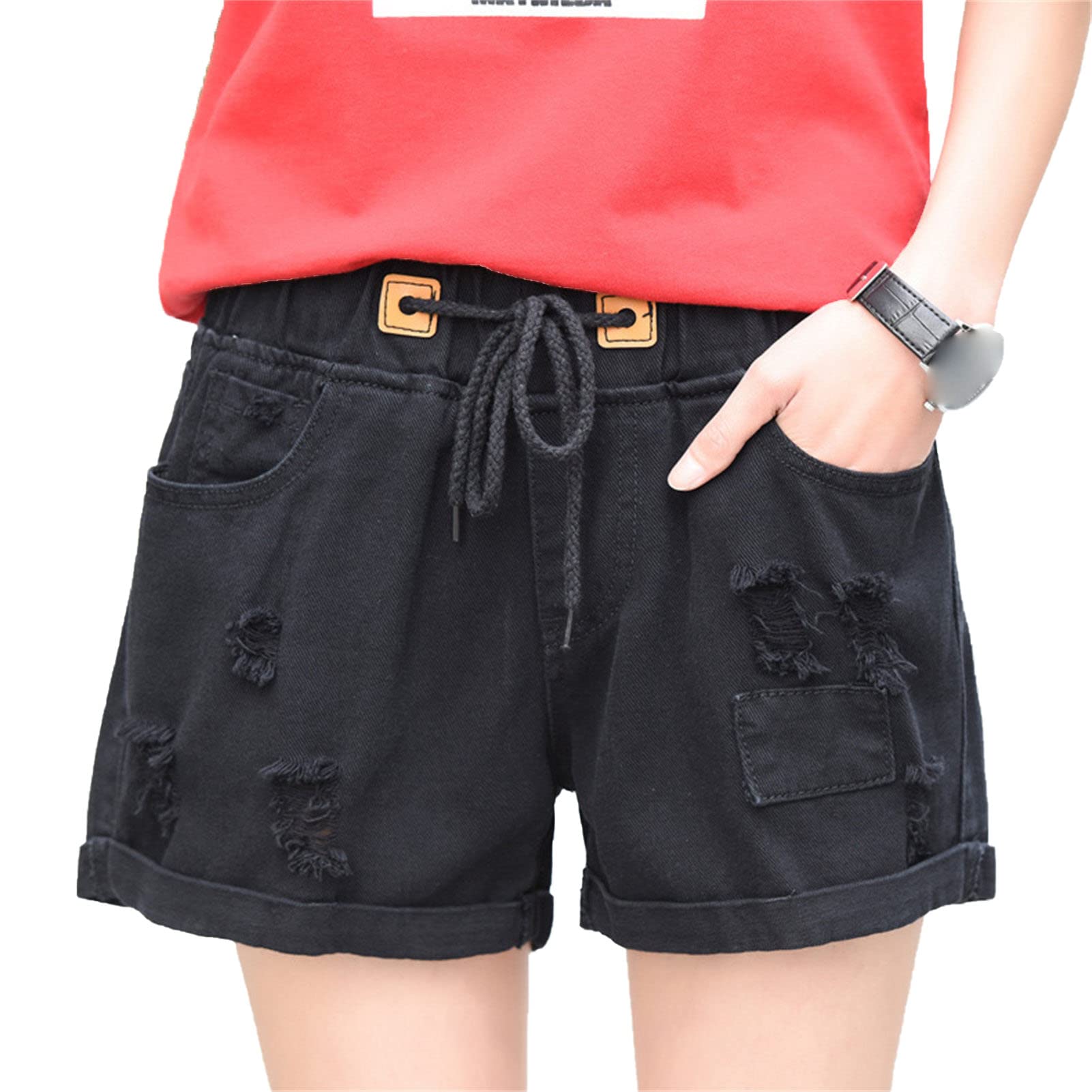 JEKE-DG Women Distressed Ripped Hole Jeans Shorts Drawstring Elastic Waist Jean Shorts Mid Waisted Stretch Denim Shorts (X-Large,Black)