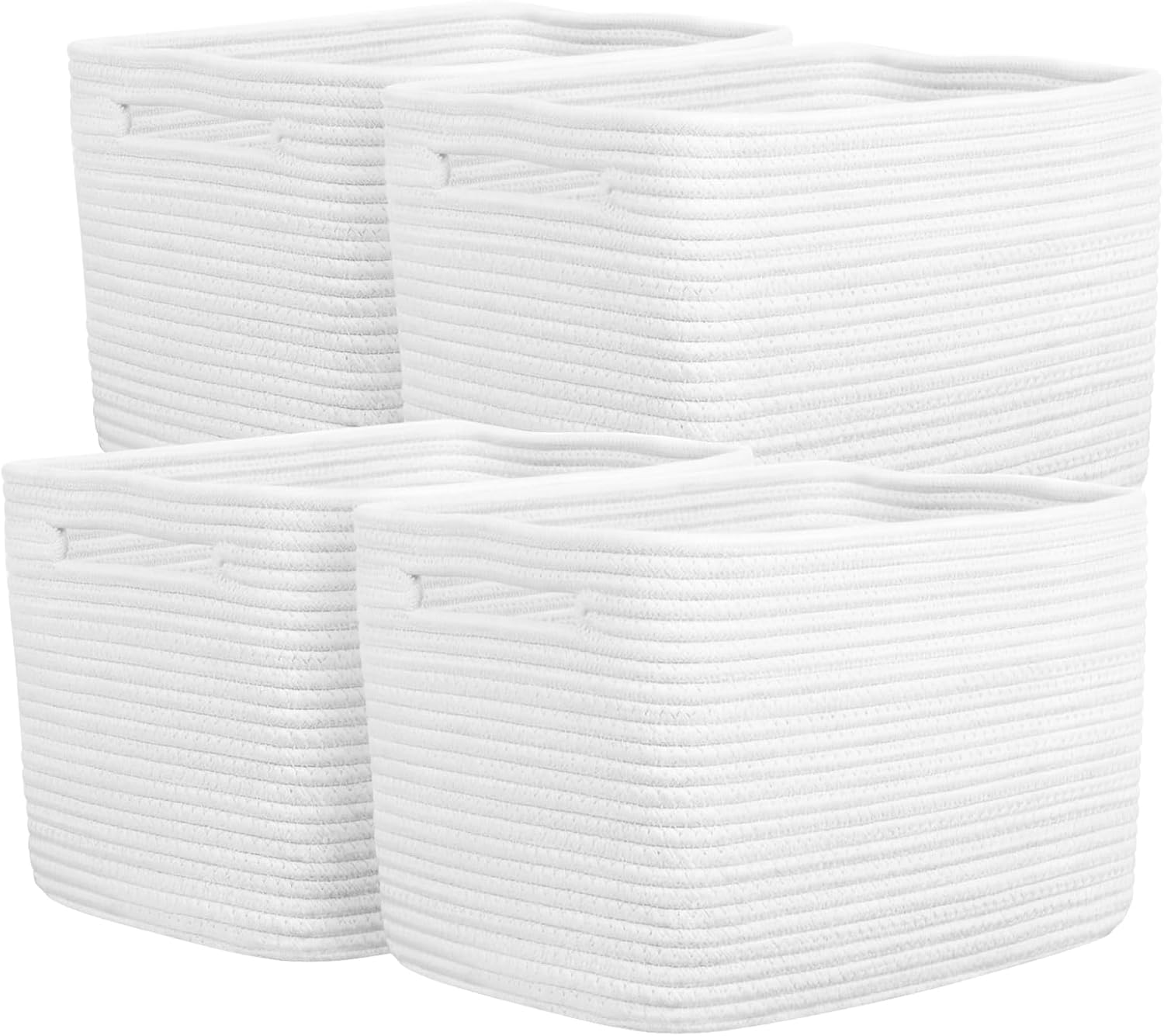 Storage Baskets for Organizing, 14 x 10 x 9” Closet Shelf Woven Baskets, Square Bins with Handles, Cotton Rope Basket for Toys, Clothes, Office, Room, White 4 Pack