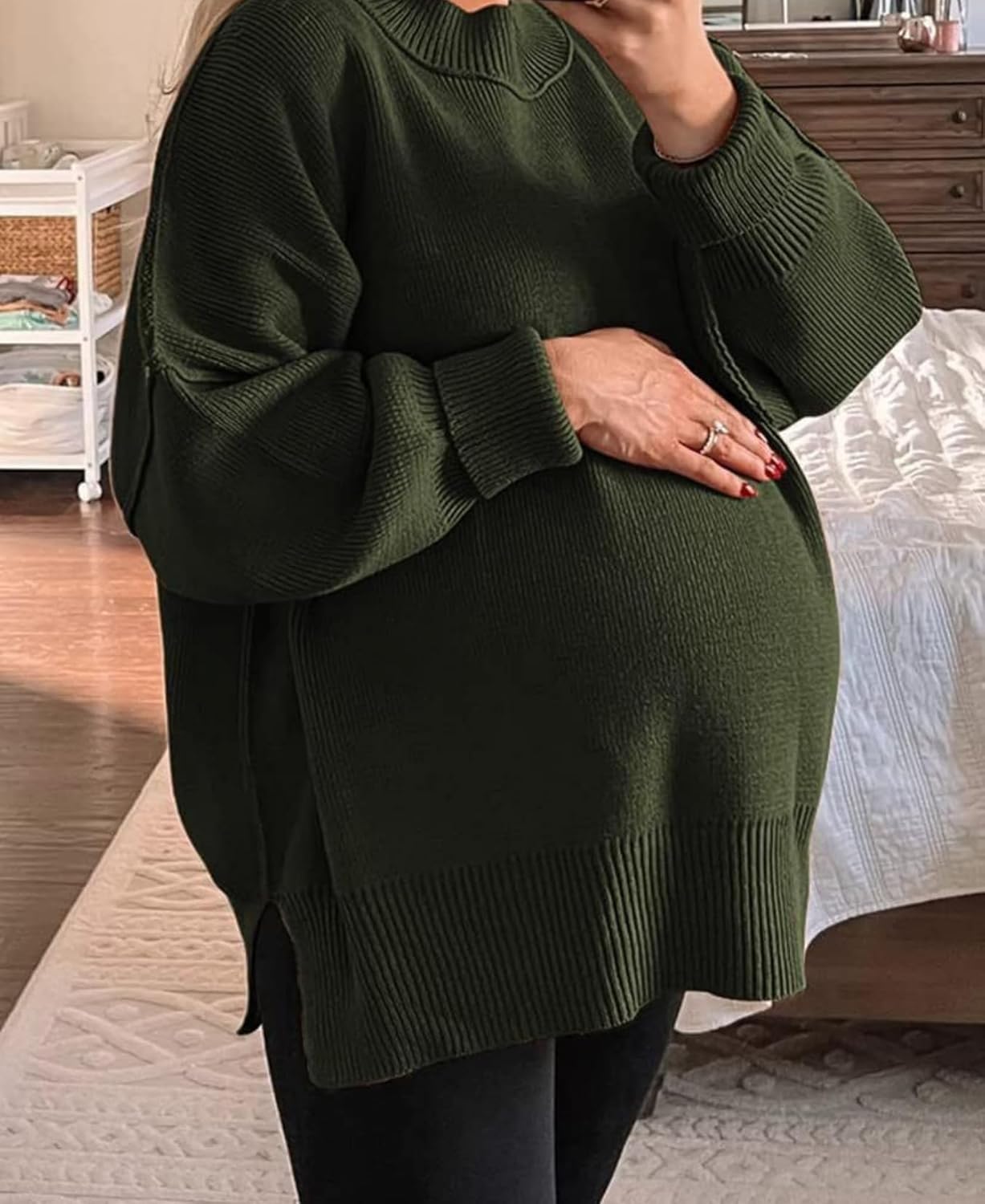 Women's Batwing Sweater Oversized Knit Pullover with Side Slits Fall Casual Crewneck Top for Fashion Outfits - Image 2