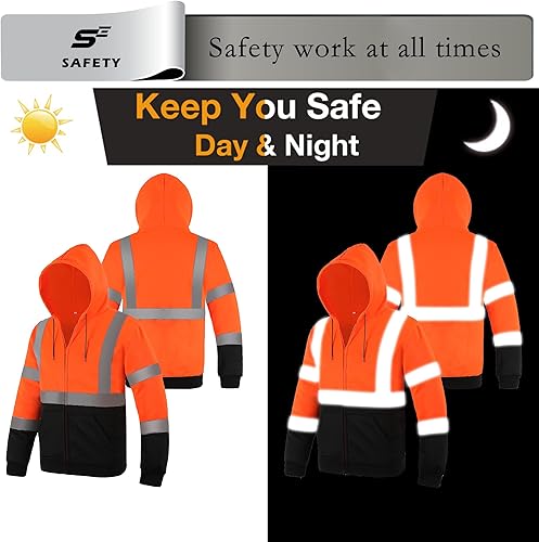 Miniatura 10 de sesafety Sudadera de seguridad de alta visibilidad para hombre, sudadera con capucha reflectante con cremallera clase 3, sudadera con capucha de