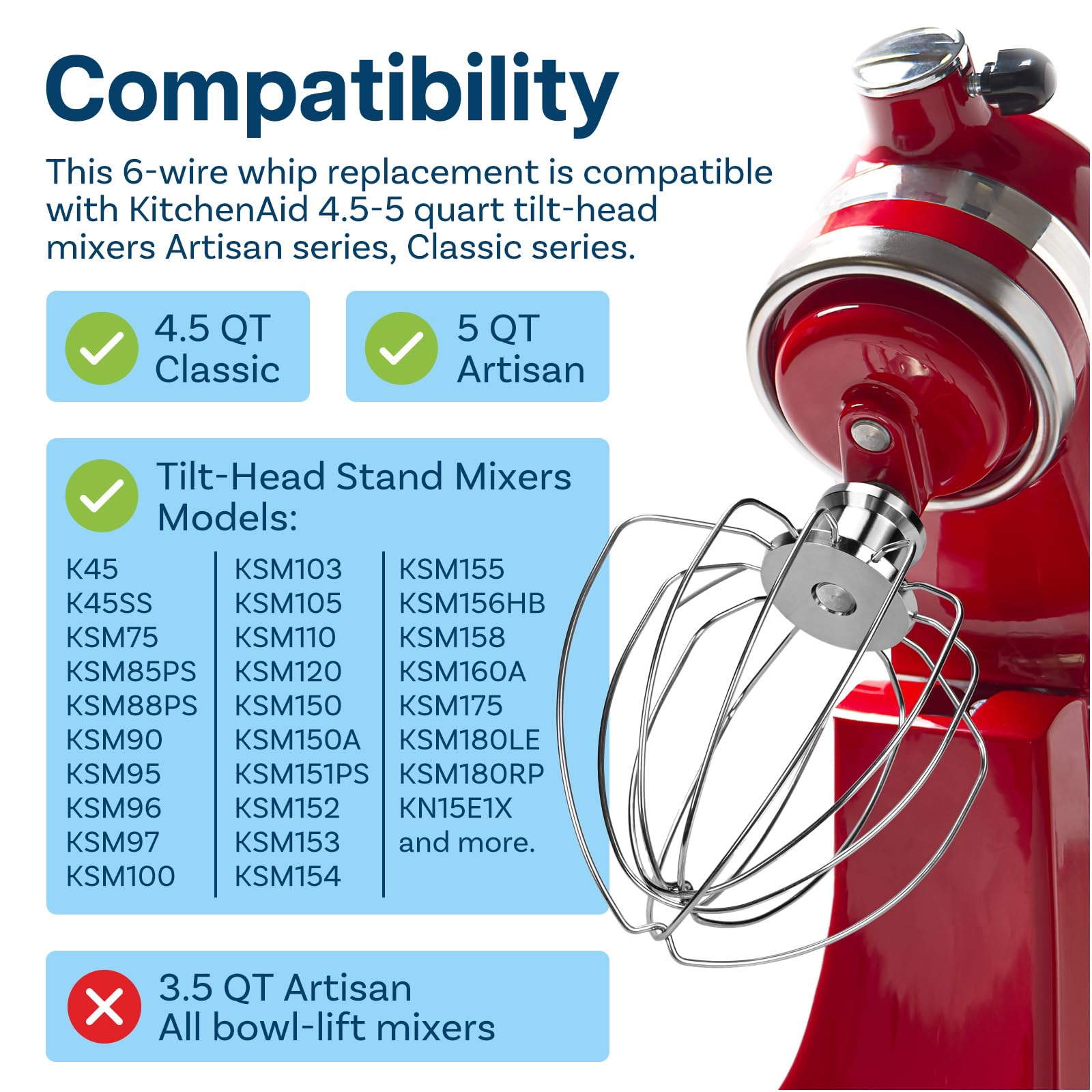 Fouet De Remplacement 6 Branches Pour Batteur KitchenAid - Acier Inoxydable, Compatible Série K45, KSM