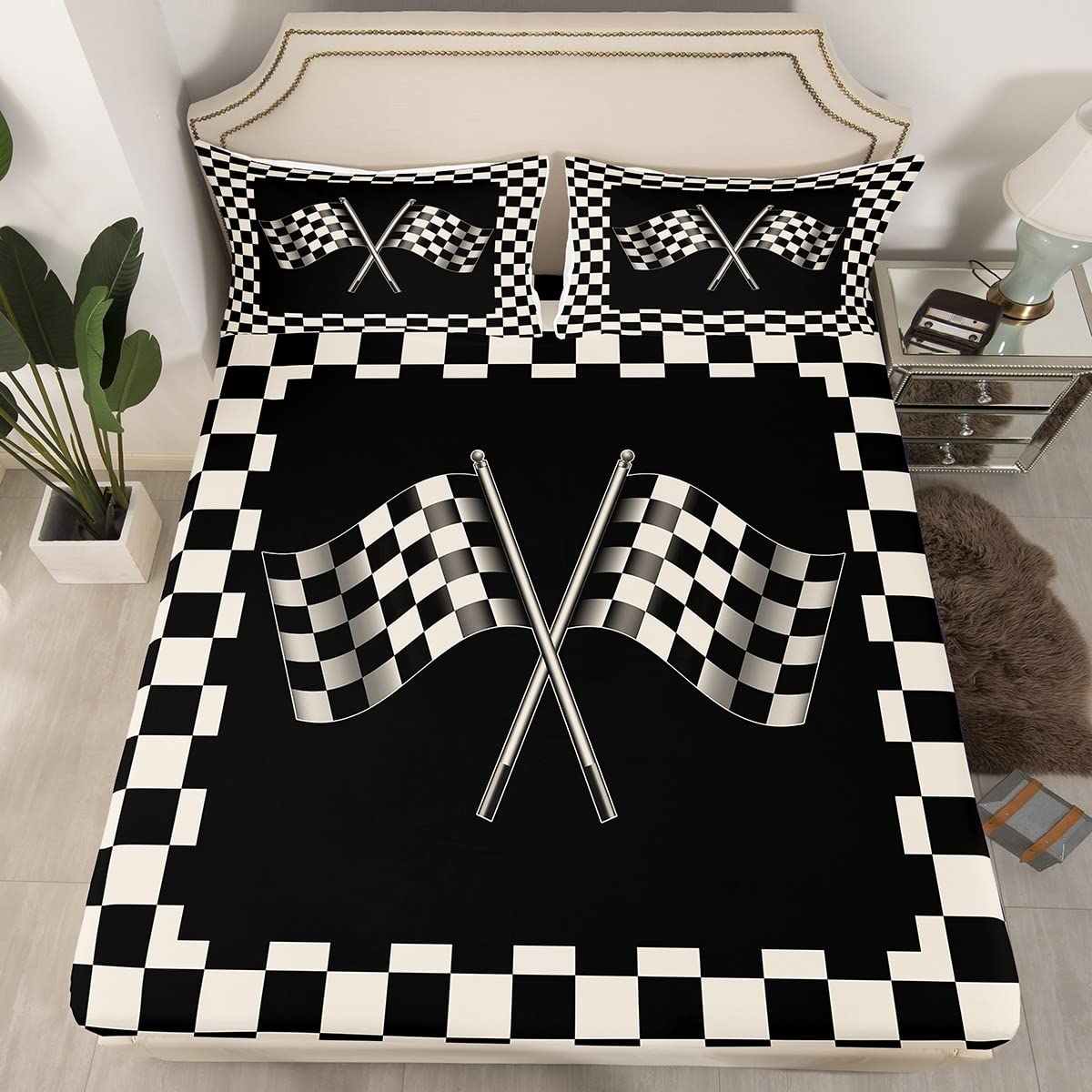 Black White Flag Fitted Sheet,Full Size Geometric Grid Collections Racing Theme Theme,Soft Decorative Fabric Bedding Deep Pocket for Children Teens Young Boys Girls,with 2 Pillowcases