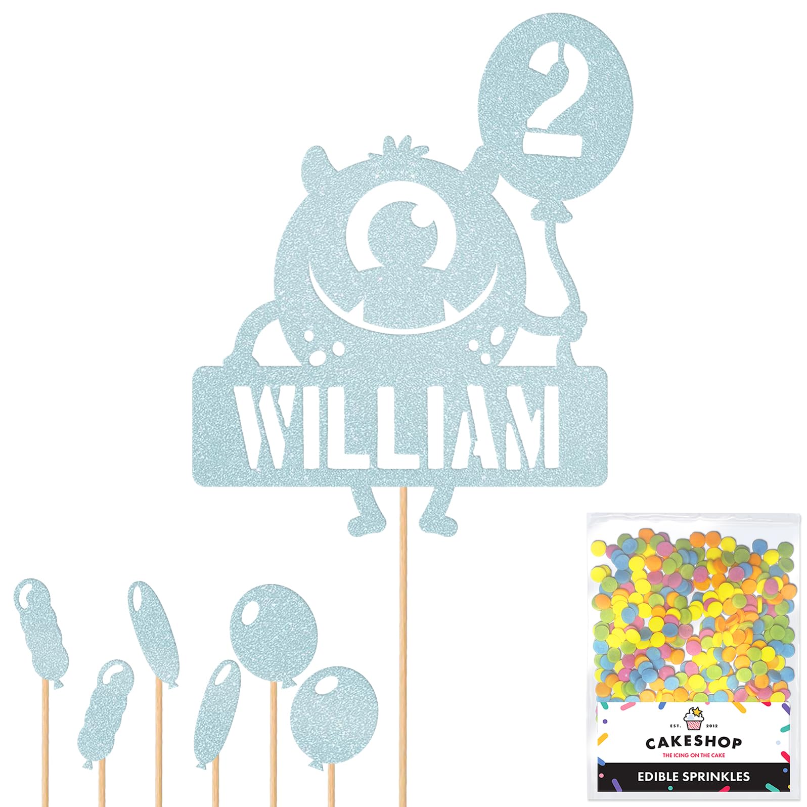 Personalised Birthday Monster Alien Glitter Cake Topper Lt Blue Any Custom Age & Name Glitter Cake Decoration and Sprinkles - Happy Birthday Decorations - Personalised Toppers for Cakes by Cakeshop — image 1