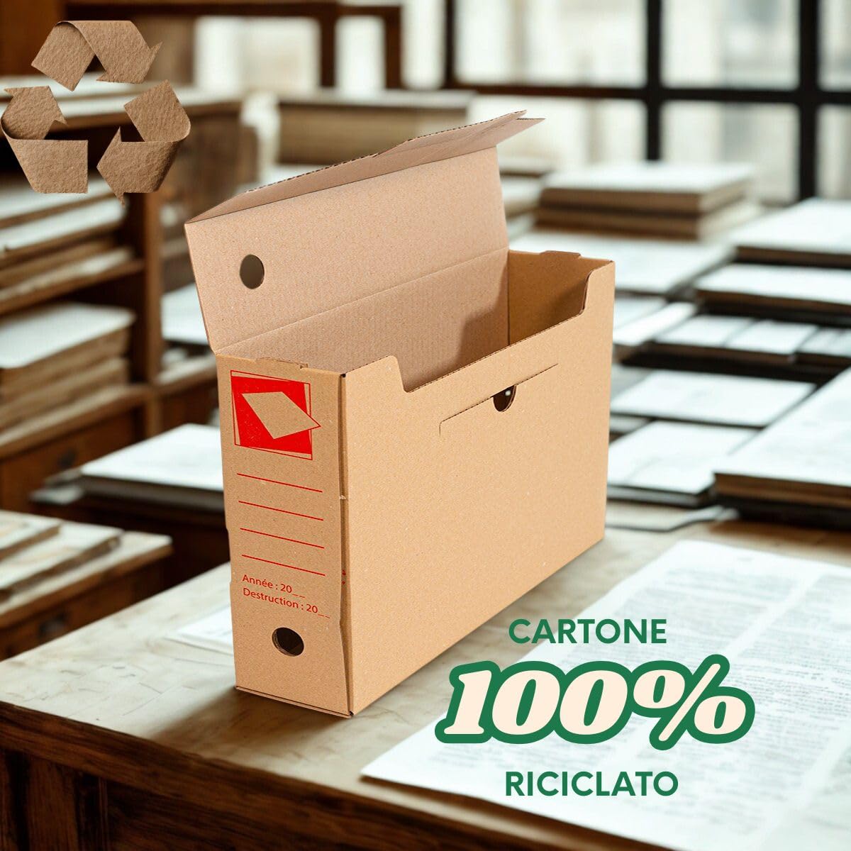 Generico Set 5 Scatole Archivio in Cartone Riciclato + 1 Scatola Grande 52x35x25 cm | Dorso 10 cm | Con Maniglie e Coperchio | Resistenti Impilabili Ecologiche | Ideali per Ufficio e Casa