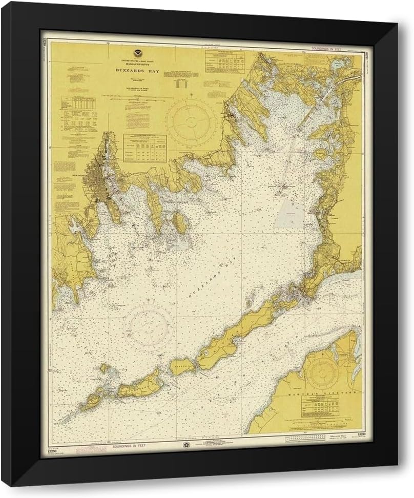 ArtDirect Nautical Chart - Buzzards Bay ca. 1974 - Sepia Tinted Custom Framed Art Print Giclee Print or Canvas Options with Various Sizes and Customization by NOAA Historical Map and Chart Collection
