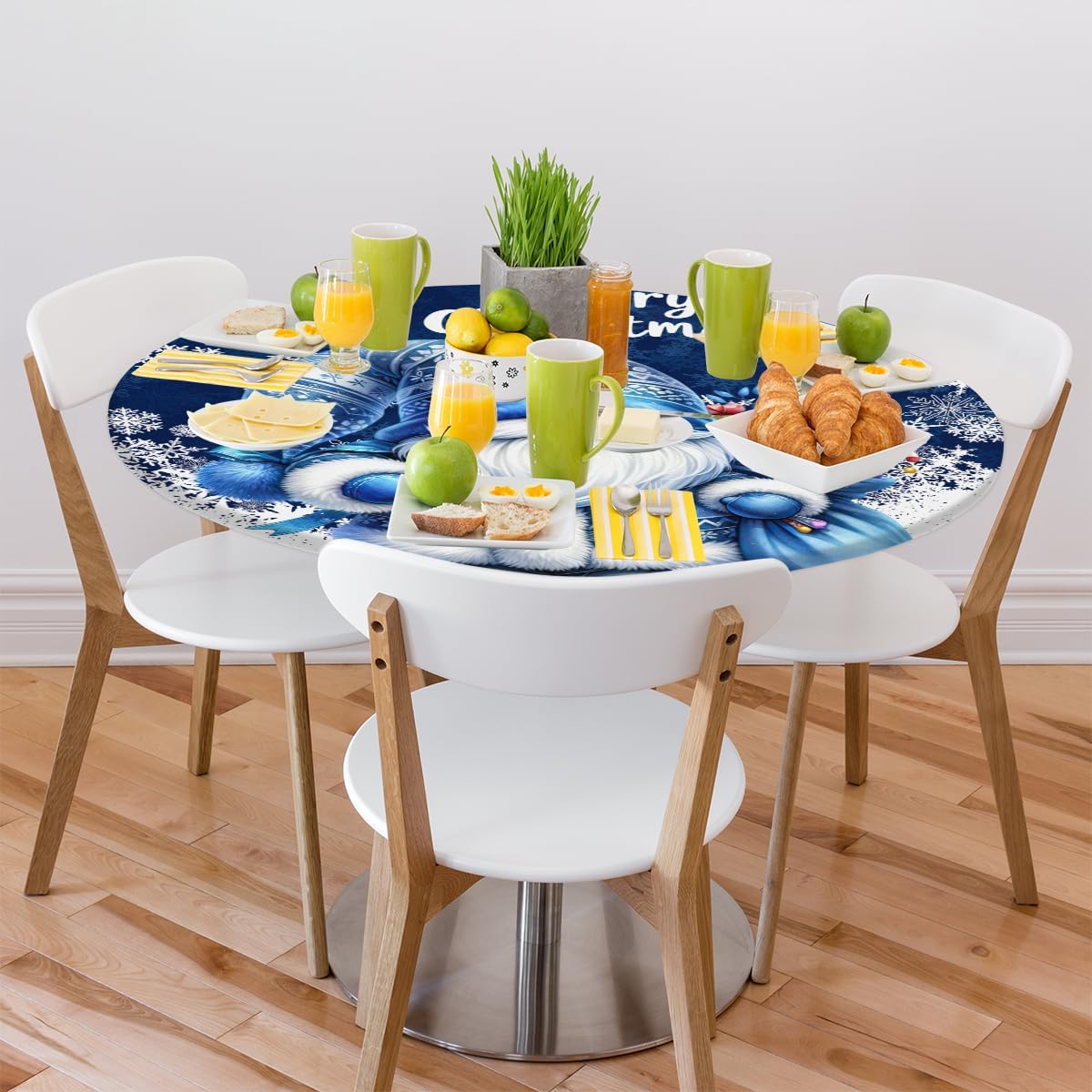 Round Fitted Tablecloth Wipeable Elastic Christmas Blue Gnome Table Cover Waterproof Circle Table Cloth for Indoor Outdoor Dining Kitchen Picnic Camping Patio Decor Gifts,Fit 45-50in Tables