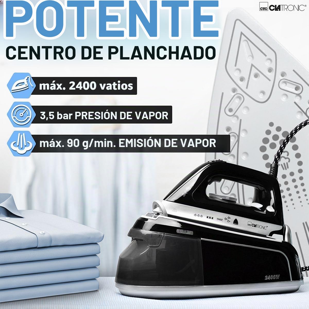 Centro de planchado a vapor Clatronic con plancha de vapor | 3,5 bar | plancha de vapor con suela Superglide y depósito de agua de 1,2L | 80 min. de autonomía | 2400W | con sistema antigoteo |DBS 3749