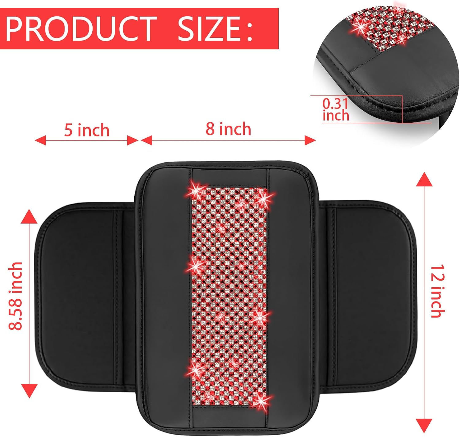 NBTEPEM Bling Car Armrest Cover, Universal Microfiber Leather Center Console Cover with 2 Pockets, Rhinestone Car Armrest Cushion Protector, Bling Accessories Interior for Most Vehicles (Red Diamond)