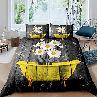 Daisy Flowers Bedding Set White Floral Yellow Bath Bed Linen Set 135 x 200 cm Desir…