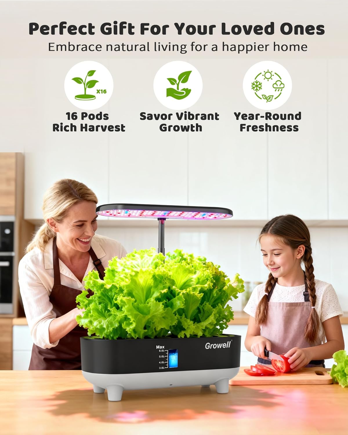 Hydroponics Growing System Kit, 16 Pods, Vertical 8L Indoor Gardening System for Herb Vegetable Fruit, Hydro Garden with LED Grow Light, Smart Water Circulation, 3 Light Modes & 2 Timer, Black