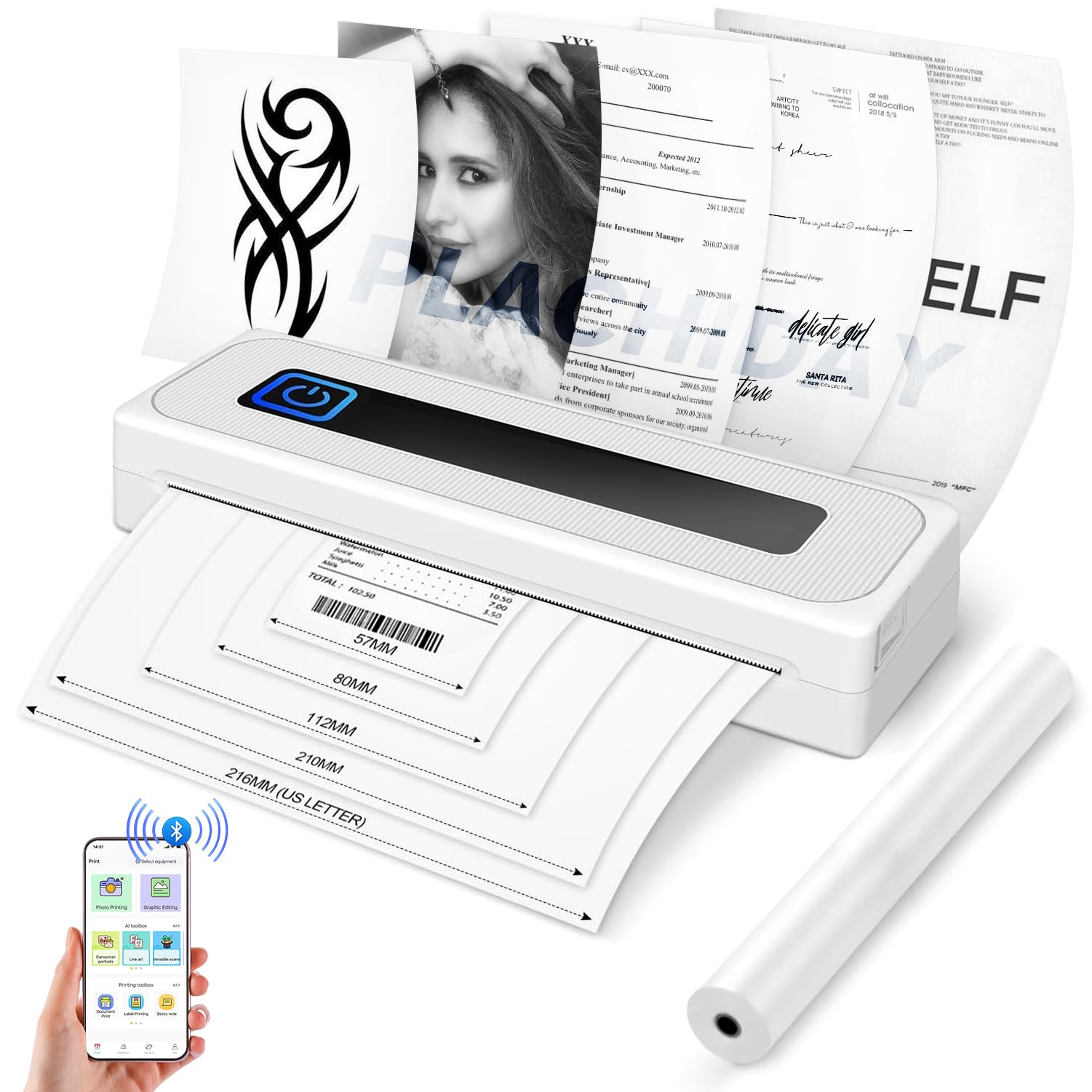 PLACHIDAY Portable Printer Wireless, 300DPI Small Wireless Bluetooth Inkless Thermal Printer A4 Travel Printer Multiple Sizes Thermal Paper Home Use (White)