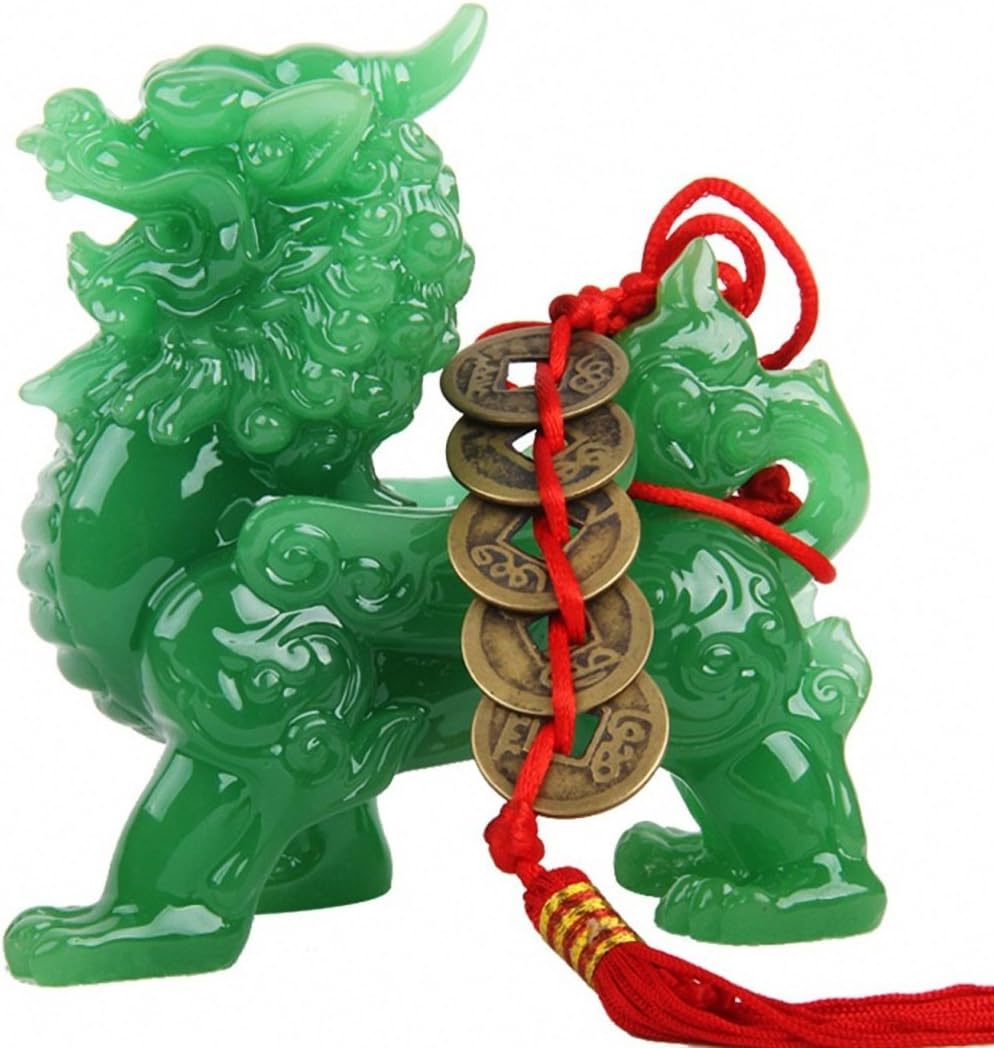 Feng Shui Green Pi Yao/Pi Xiu Wealth Porsperity Statue + Free Prosperity Protection Set of 5 Lucky Charm Ancient Coins on Red String,Feng Shui Decor