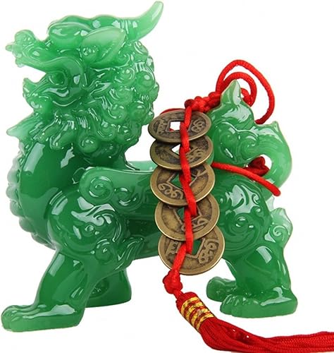 Wenmily Feng Shui Green Pi YaoPi Xiu Riqueza Porsperidad Estatua + Protección de la Prosperidad Juego de 5 Monedas Antiguas en Cadena Roja, Feng