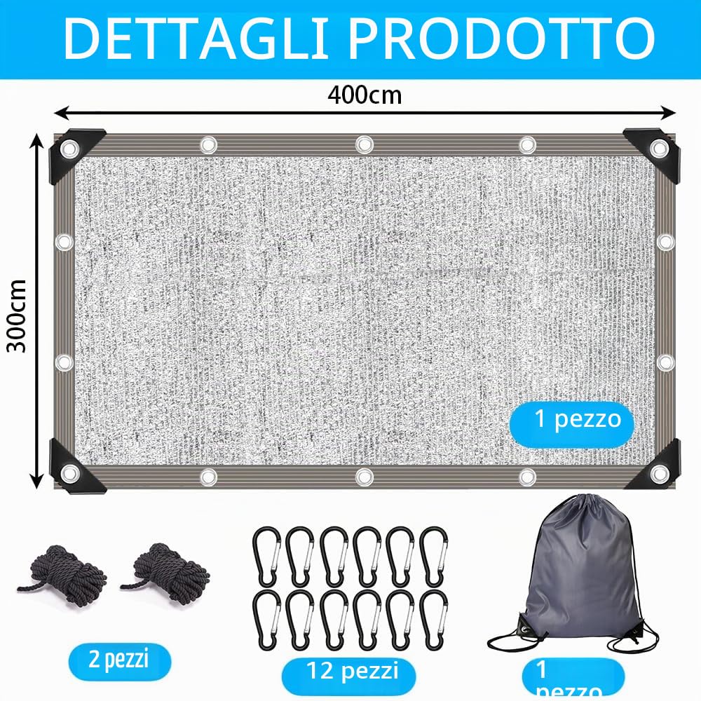 Rete ombreggiante per auto, 3 x 4 m, protezione solare per auto, telo riflettente ombreggiante in alluminio, 80% protezione dai raggi UV, protezione dal calore per serra all'aperto, cani, animali