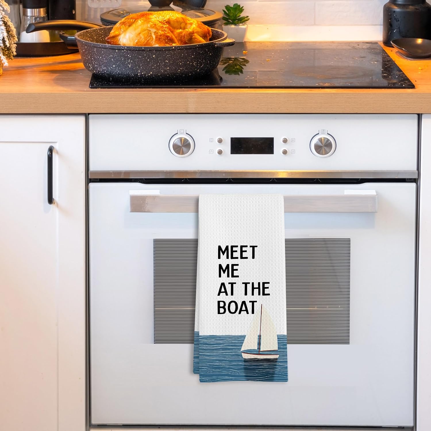 Meet Me at the Boat Nautical Kitchen Towels, Beach House Decor, Beachy Sailboat Dish Tea Towels for Kitchen, Nautical Coastal Decorative Hand Towel for Bathroom Lake House, 16x24 Inch image 2