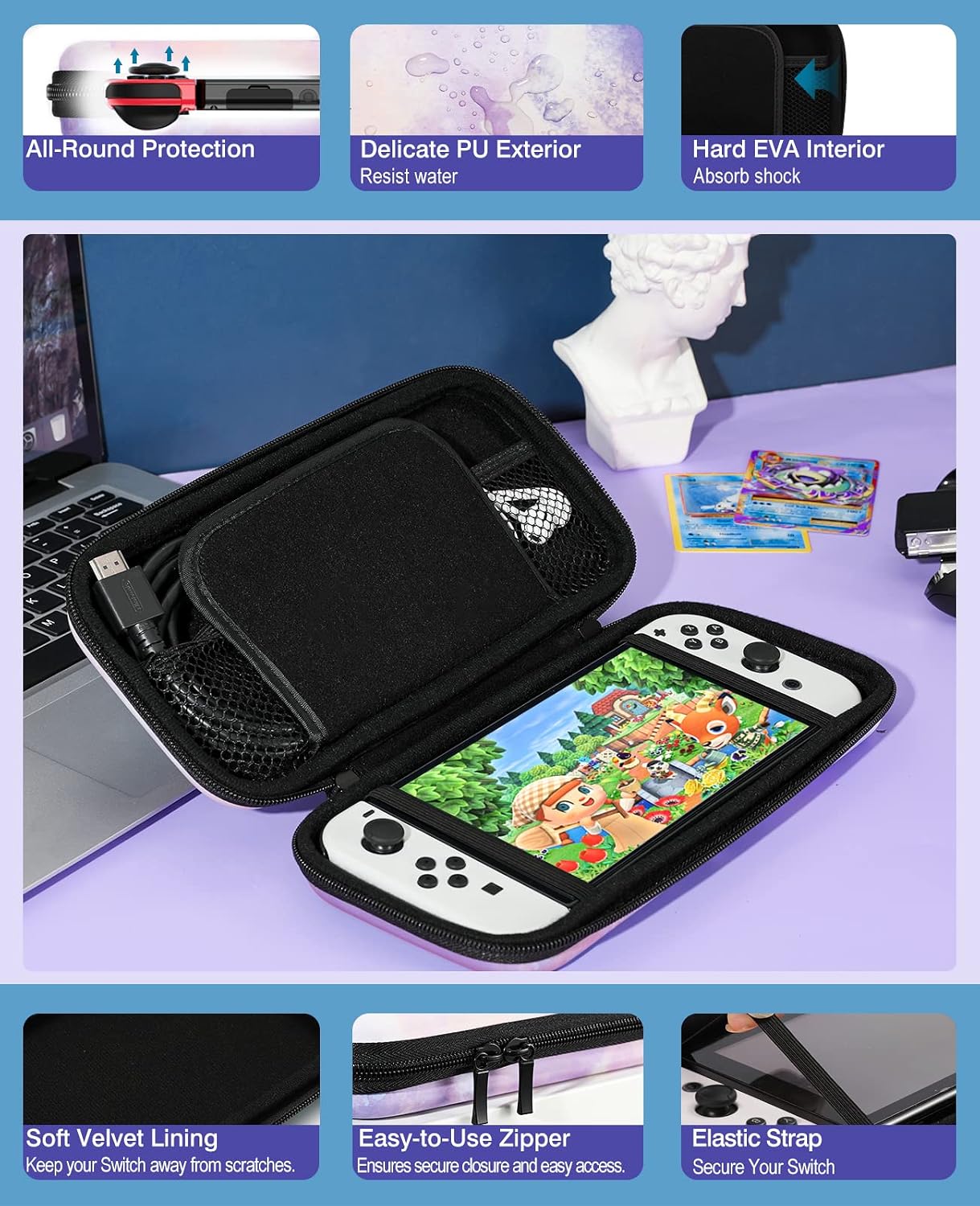 TiMOVO Carrying Case for Nintendo Switch OLED Model 2021 & Switch, Durable Hard Shell Game Storage Handbag Portable Travel Bag PU Pouch with Pocket for 10 Game Cards & Accessories, Watercolor Purple