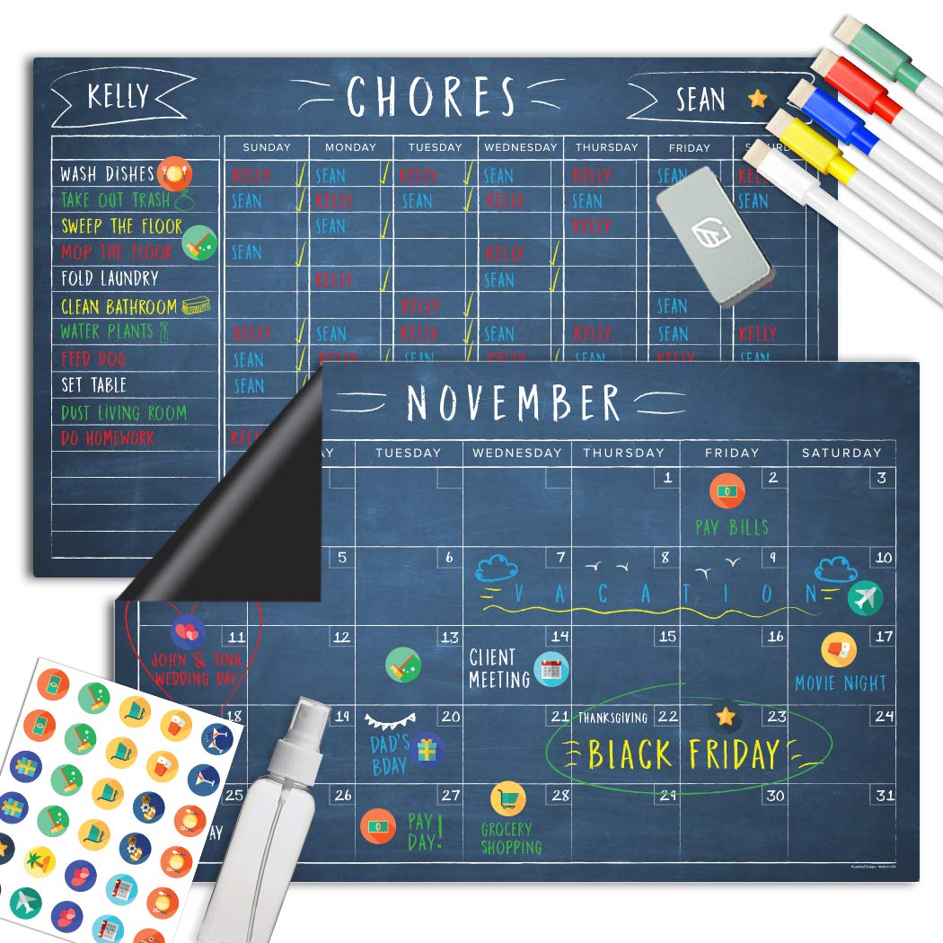 Magnetic Chalkboard Reward Chore Chart – Black Dry Erase Refrigerator Responsibility Incentive Chart - Multiple Kid Chart System w/Bonus Reusable Monthly Calendar - 11” x 17”