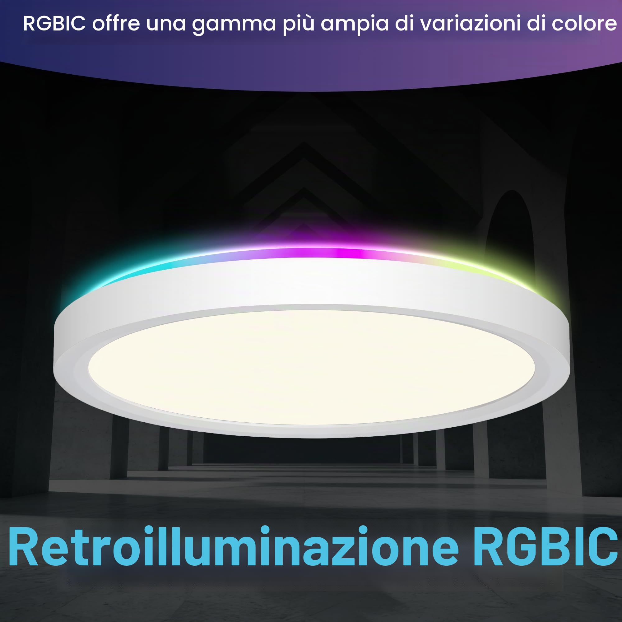 Plafoniera LED dimmerabile, 50 cm, 36 W 3600 lm, cambio colore RGB con telecomando, 2700 K-6500 K. Questa plafoniera piatta è adatta per bagni, camere da letto e soggiorni (Rotonda)