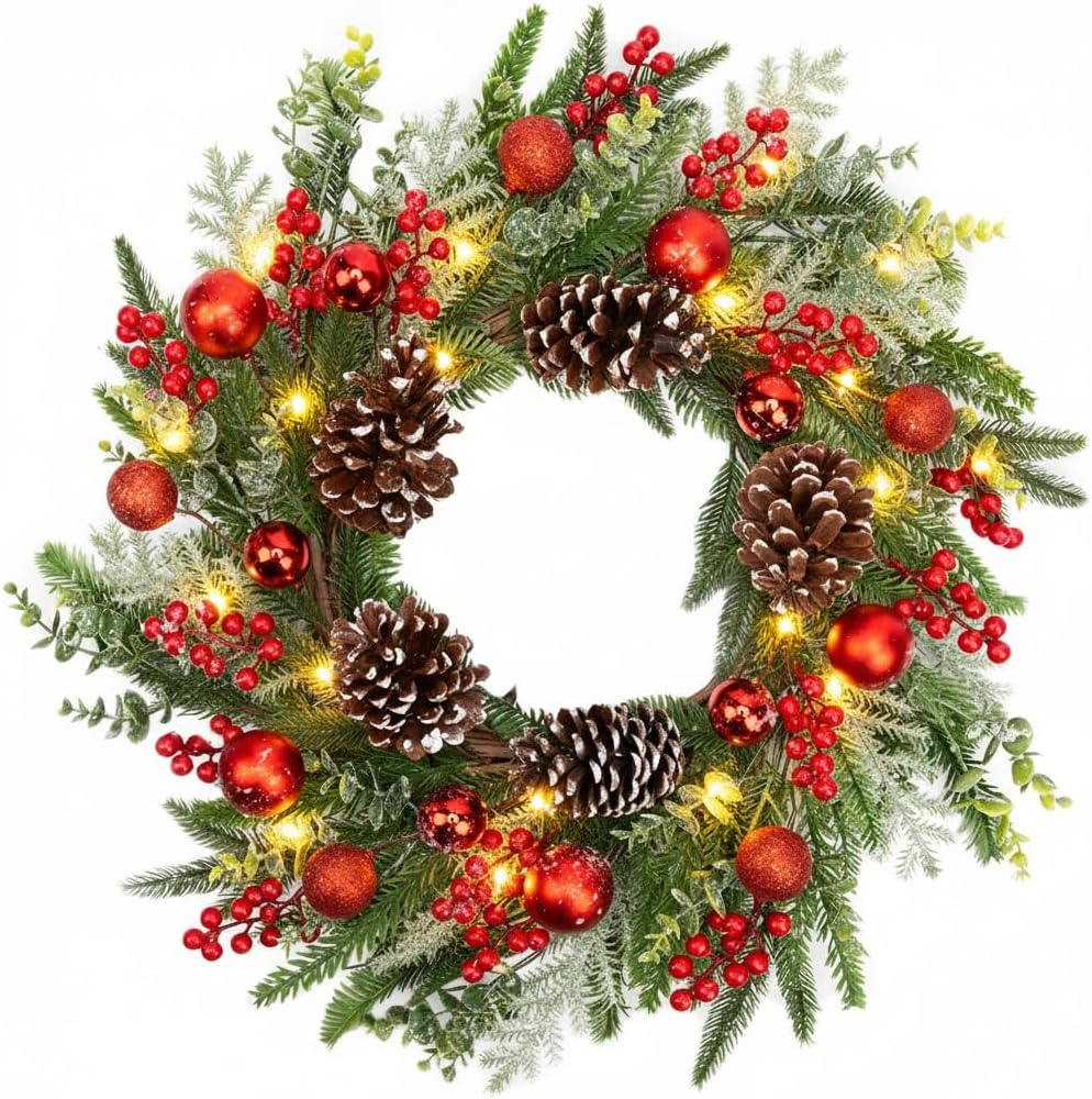 24 Inch Christmas Wreath for Front Door with Lights Snowy Winter Wreath Red Balls Pine Needles Pinecones Red Berries for Wall Window Holiday Party Xmas Decor