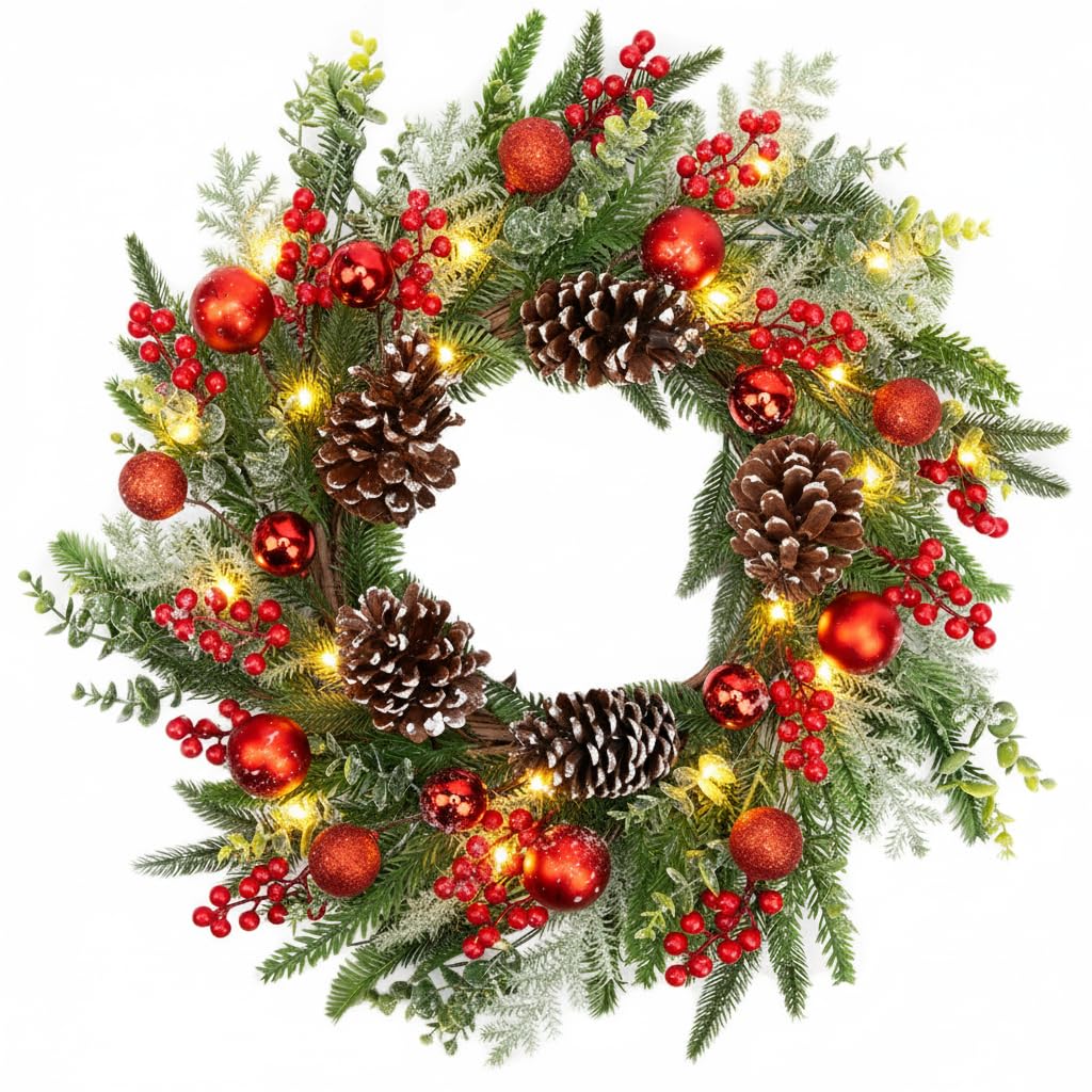 Couronne de Noël 61 cm avec lumières couronne d'hiver enneigée et baies rouges