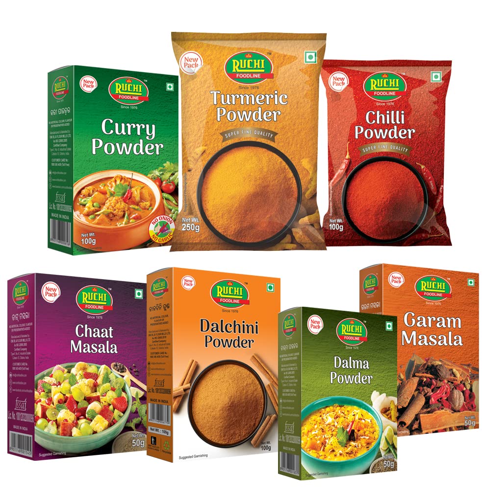 RUCHI Combo Pack (Turmeric Powder 250gm, Chilli Powder 100gm, Curry Powder 100gm, Garam Masala 50gm, Chat Masala 50gm, Dalchini Powder 100gm, Dalma Powder 50gm) (B085M6B8M4) Amazon Price History, Amazon Price Tracker