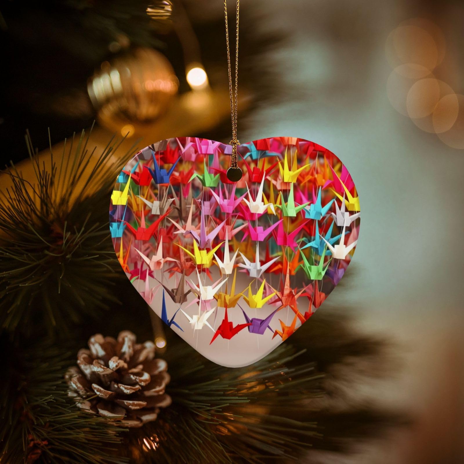 Christmas Ornaments for Christmas Tree Decoration Hanging Origami Paper Cranes Ornament with Gold Ribbon Crafts Heart Shape Ceramic Pendant for Keepsake Gifts Xmas Decor Party Supplies