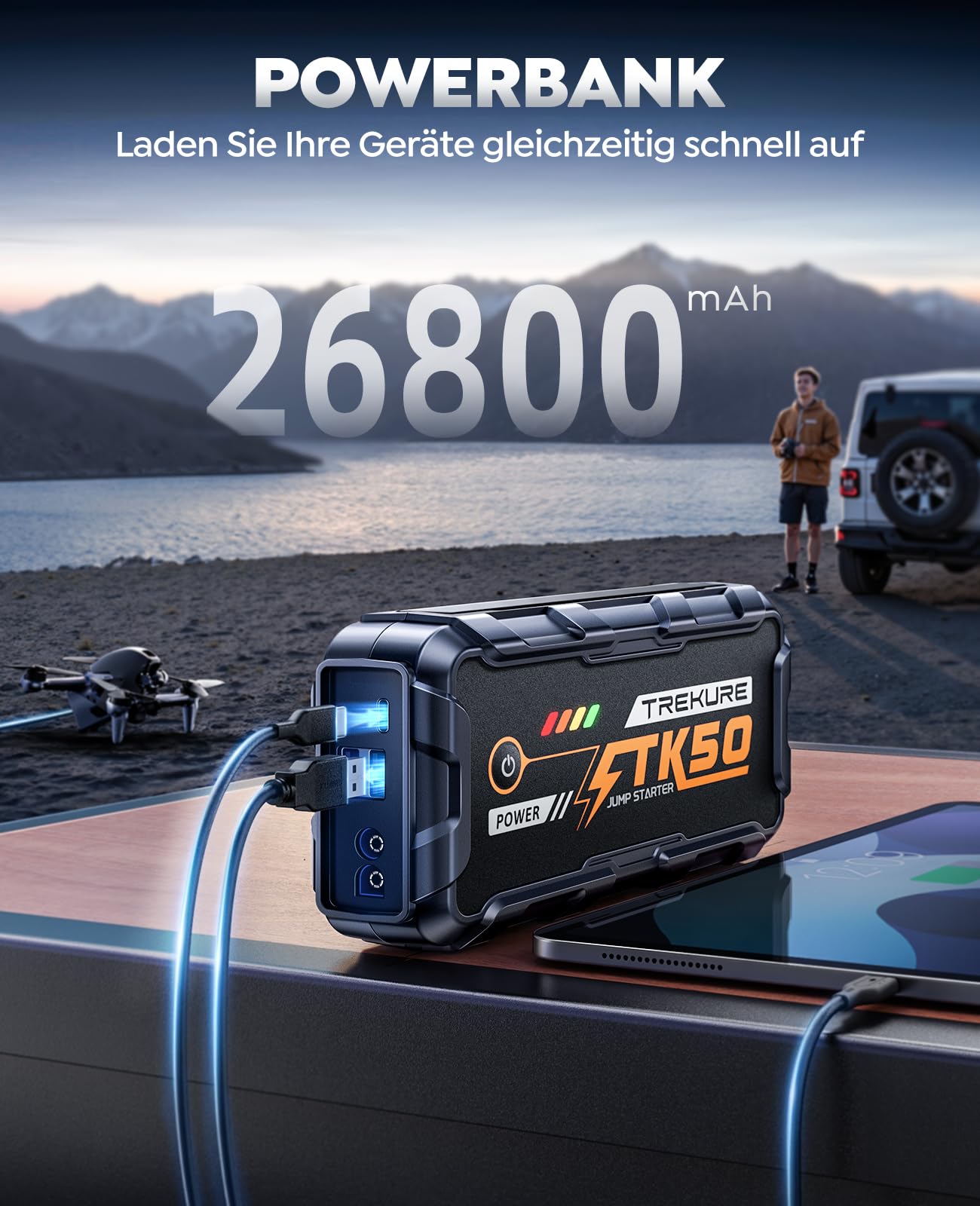Starthilfe Powerbank für PKW 8000A (All Gas/12,0L Diesel), Auto Starthilfe 26800mAh, 12V Autobatterie Booster mit 800 Lumen Taschenlampe, 2 USB Ausgänge, Verdickt Starthilfekabel, Tragbarer Griff