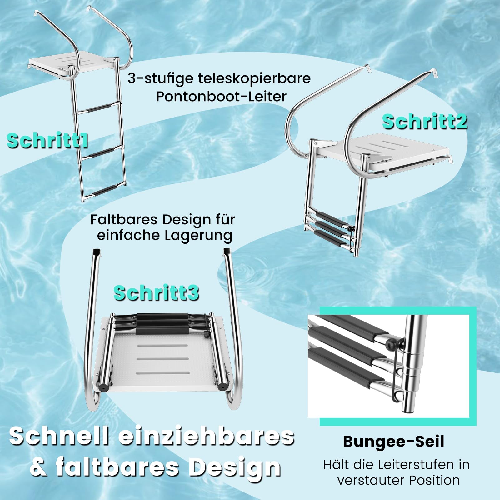 COSTWAY Badeleiter Boot, Poolleiter mit 3 Stufen, Handlauf & Plattform, klappbare Bootleiter aius Edelstahl, Schwimmbadleiter bis 227 kg belastbar für Yachten