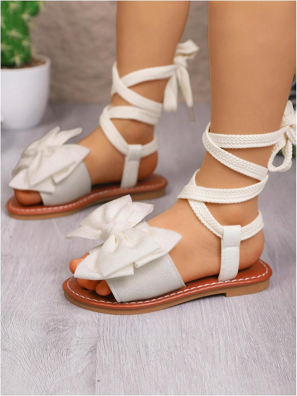 GORGLITTER Girl's Bow Sandals Cute Beach Lace Up Open Toe Gladiator Sandals Kids Summer Vacation Slides Shoes