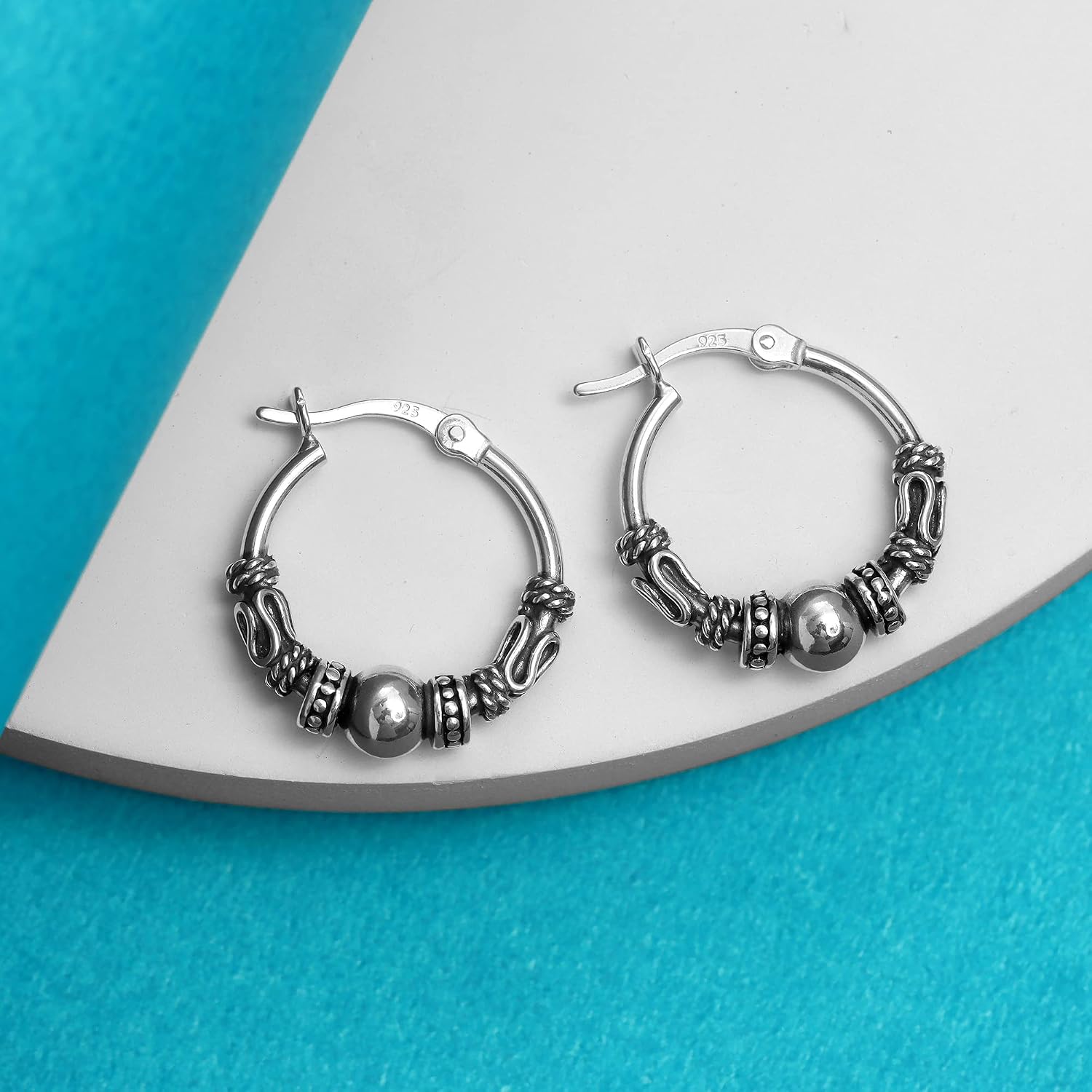 LeCalla 925 Sterling Silver Oxidized Balinese Hoops Earring Jewelry Small Antique Bali Beaded Hoop Earrings for Women